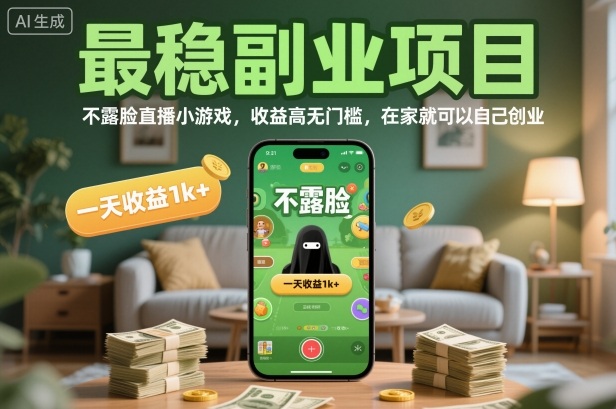 最稳副业项目，不露脸直播小游戏，收益高无门槛，一天收益1k+，在家就可以自己创业【揭秘】-极光网创