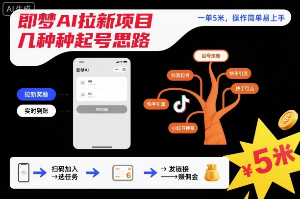 即梦AI拉新项目几种起号思路，一单5米，操作简单易上手-极光网创