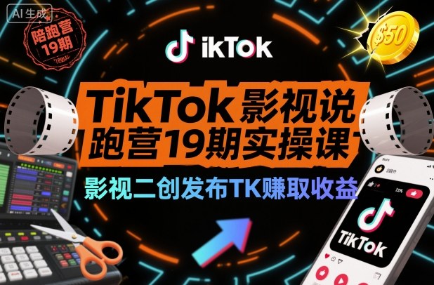 TikTok影视解说陪跑营19期实操课,影视二创发布TK賺取收益,万播收益50美金-极光网创