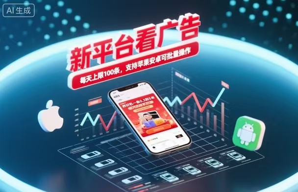 新台看广告，养好机一条5毛到5块，单机日入30到100，支持苹果安卓，可批量操作。-极光网创