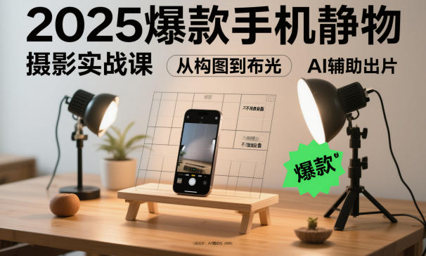 2025爆款手机静物摄影实战课，从构图到布光，不用贵设备，AI辅助出片-极光网创