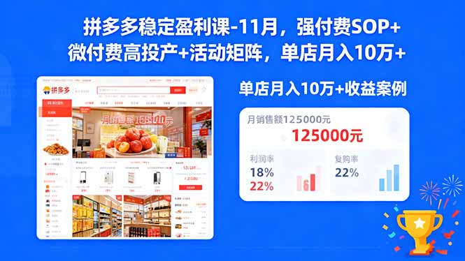 拼多多稳定盈利课-11月，强付费SOP+微付费高投产+活动矩阵，单店月入10w+-极光网创