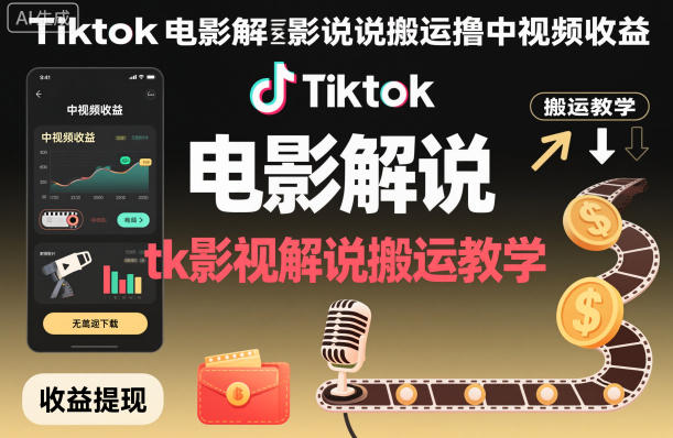 Tiktok电影解说搬运撸中视频收益，tk影视解说搬运教学-极光网创