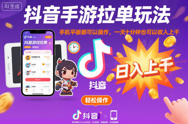 抖音手游拉单玩法，手机平板都可以操作，一天十分钟也可以收入上K【揭秘】-极光网创