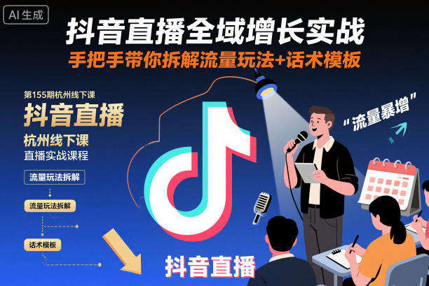 抖音直播全域增长实战第155期杭州线下课，手把手带你拆解流量玩法+话术模板-极光网创
