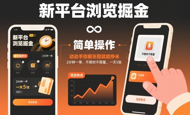 新平台浏览掘金，动动手指截张图就能挣米，2分钟一单，不限时不限量，一天5张【揭秘】-极光网创