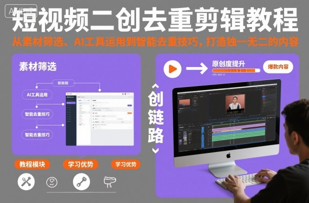 短视频二创去重剪辑教程，从素材筛选、AI工具运用到智能去重技巧，打造独一无二的内容-极光网创