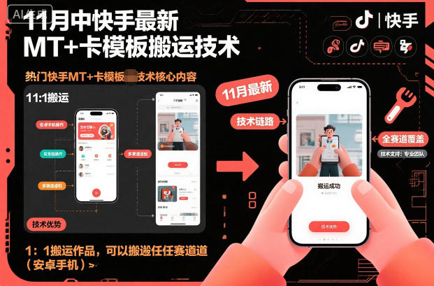 11月中快手最新MT+卡模板搬运技术，1：1搬运作品，可以搬运任何赛道(安卓手机)-极光网创