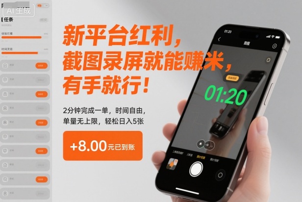 新平台红利，截图录屏就能賺米，有手就行！2分钟完成一单，时间自由，单量无上限，轻松日入5张【揭秘】-极光网创