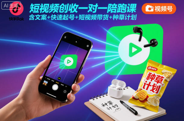 短视频创收一对一陪跑课，含文案+快速起号+短视频带货+种草计划-极光网创