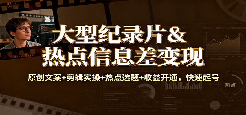 大型纪录片&热点信息差变现：原创文案+剪辑实操+热点选题+收益开通，快速起号-极光网创