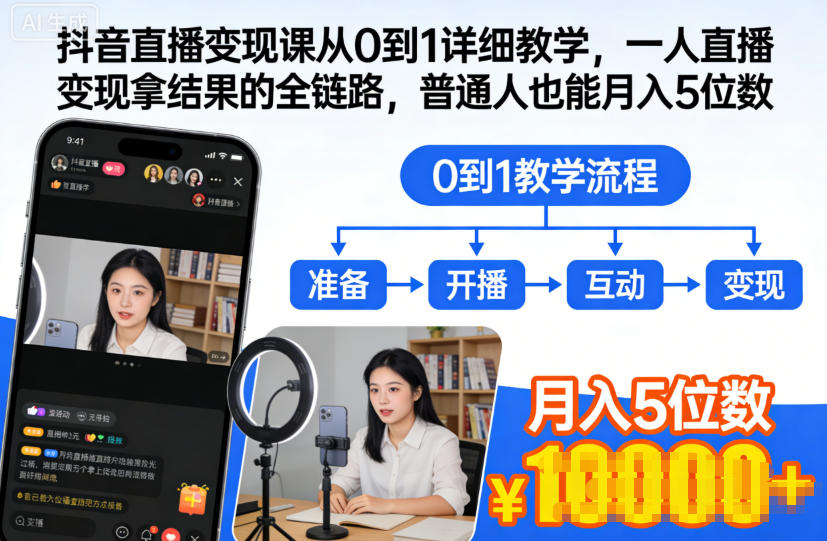 抖音直播变现课从0到1详细教学，一人直播变现拿结果的全链路，普通人也能月入5位数-极光网创