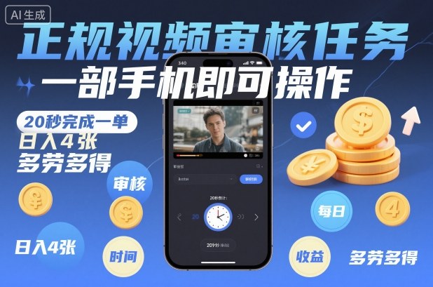 正规视频审核任务，一部手机即可操作，20秒完成一单，日入4张，多劳多得【揭秘】-极光网创