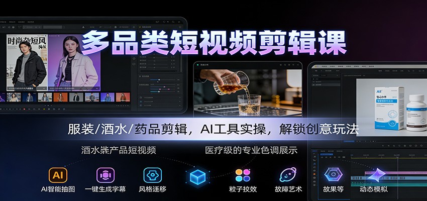 多品类短视频剪辑课：服装/酒水/药品剪辑，AI工具实操，解锁创意玩法-极光网创