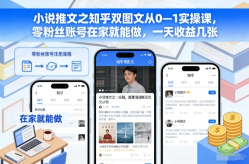 小说推文之知乎双图文从0—1实操课，零粉丝账号在家就能做，一天收益几张-极光网创
