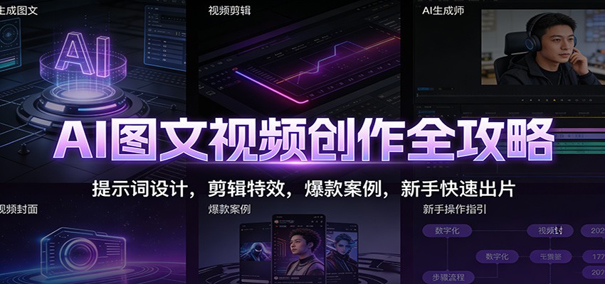 AI图文视频创作全攻略：提示词设计，剪辑特效，爆款案例，新手快速出片-极光网创