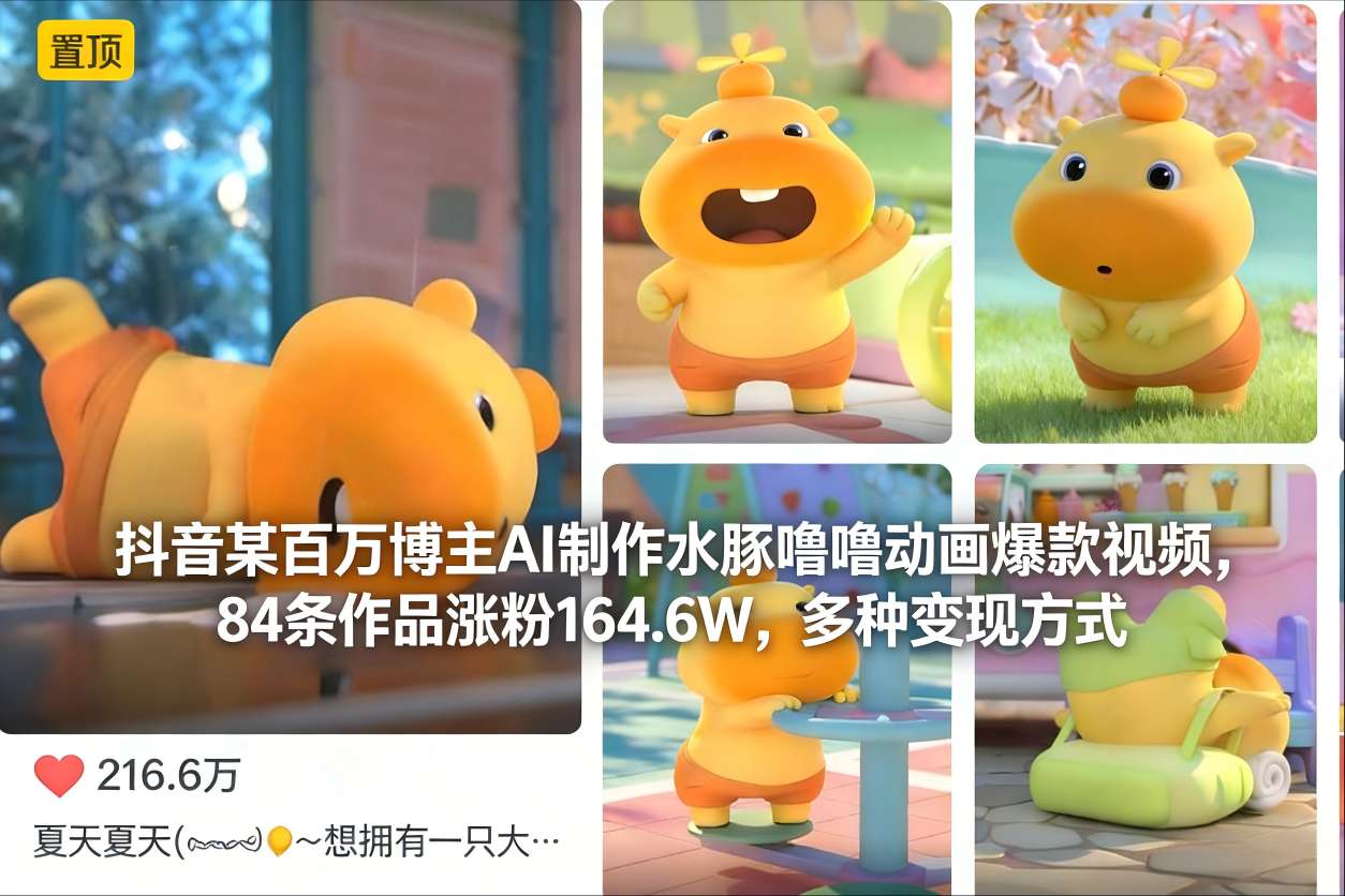 抖音某百万博主AI制作水豚噜噜动画爆款视频，84条作品涨粉164.6W，多种变现方式-极光网创
