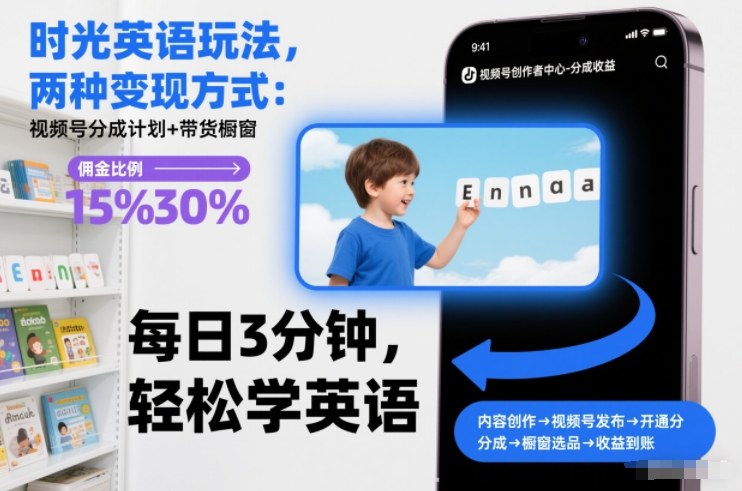 时光英语玩法，两种变现方式：视频号分成计划+带货橱窗-极光网创