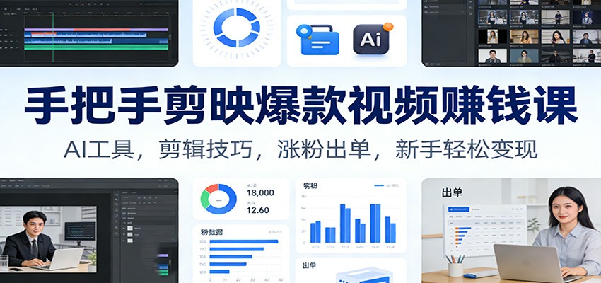 手把手剪映爆款视频赚钱课：AI工具，剪辑技巧，涨粉出单，新手轻松变现-极光网创