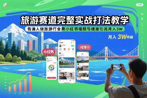旅游赛道完整实战打法教学，普通人做旅游行业用小红书视频号精准引流月入3W-极光网创
